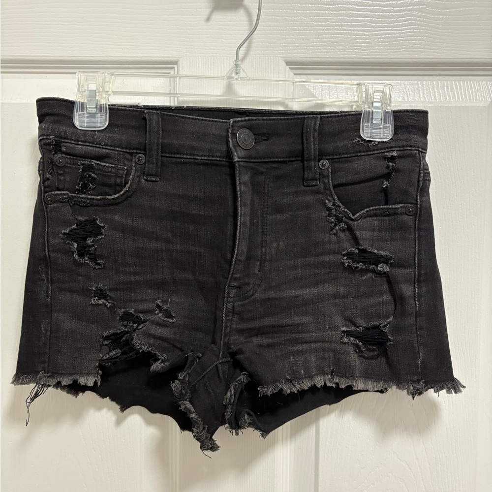 America Eagle Hi rise Shortie Distressed Black Denim Shorts